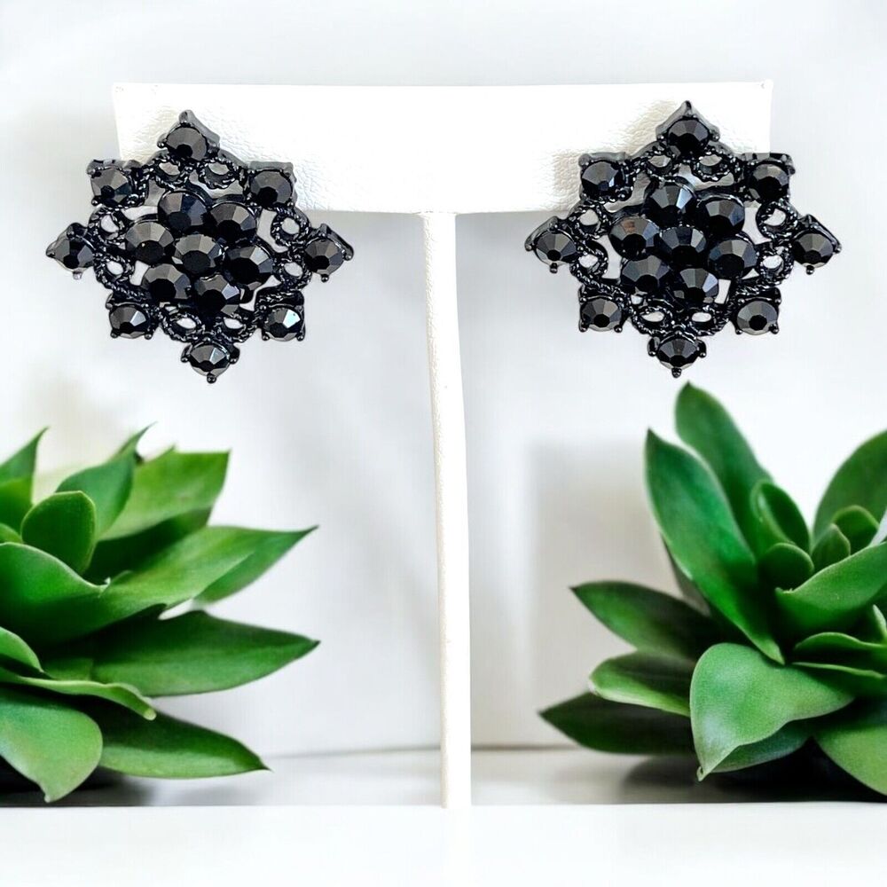 New Spring Street Statement Earrings Black Crystal Clip On - 8R